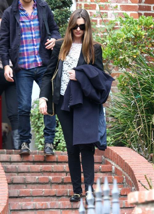 Anne Hathaway Pictures Anne Hathaway leaving a friends house in Beverly Hills on January 20, 2012