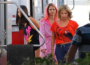 Selena Gomez, Vanessa Hudgens and Ashley Benson on the set of Spring Breakers on March 27, 2012
