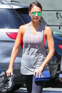 Jessica Alba in leggings outside a Soul Cycle class in Los Angeles, July 2015