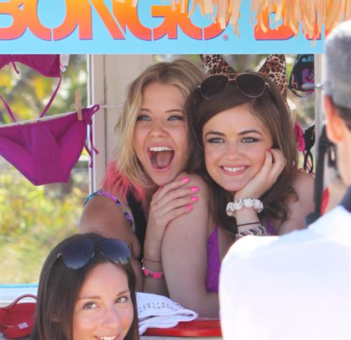Lucy Hale and Ashley Benson photoshoot at the Bondo Bikini Shack on Miami Beach on March 24, 2012
