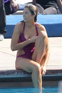 Katherine Webb, Miss Alabama USA 2012, in a pink swimsuit on the set for the TV show 'Celebrity Diving' in Los Angeles.