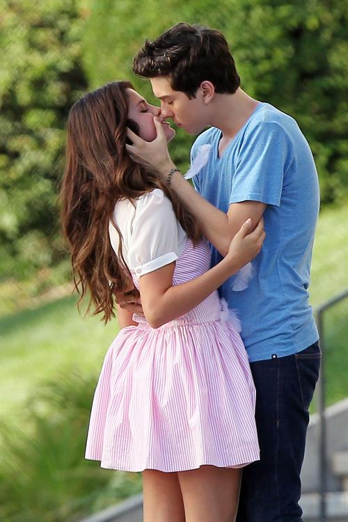 Selena Gomez - Shares an on screen kiss with her co star while filming in Sherman Oaks August 10, 2012