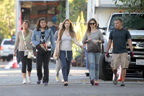 Jessica Biel – “Shiva and May” set candids, LA 10/17/13 