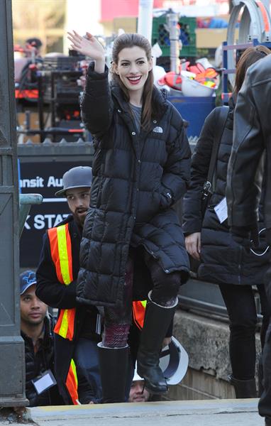 Anne Hathaway on the Dark Knight Rises set in New York City 4-11-2011 