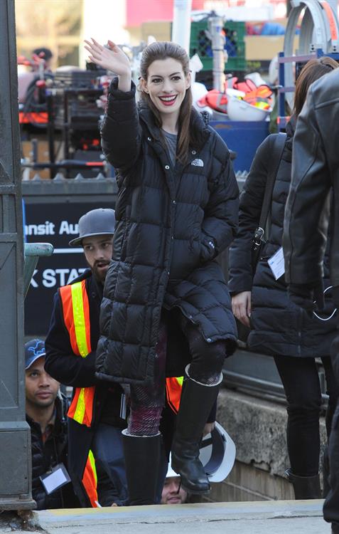 Anne Hathaway on the Dark Knight Rises set in New York City 4-11-2011 
