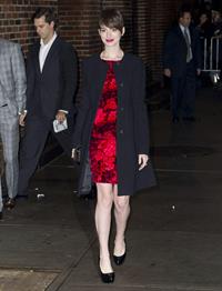 Anne Hathaway outside Ed Sullivan Theater for Letterman December 10-2012 