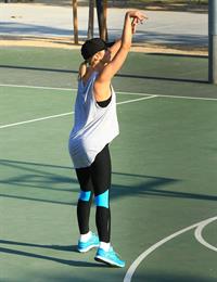 Delta Goodrem playing basketball with a friend in Los Angeles, California on November 3, 2013 