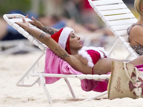 Jodie Marsh in a Santa Bikini on the beach in Barbardos on December 24, 2012
