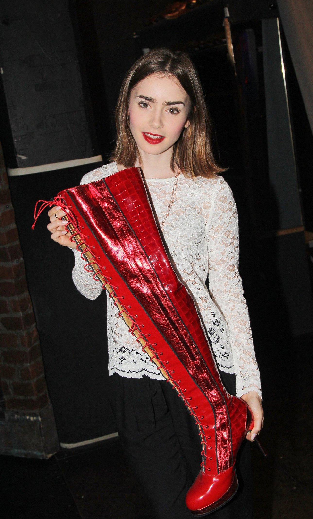 Lily Collins “Kinky Boots” backstage candids 10/17/13 