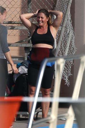 Nicole Eggert prepares for 'Splash' (sports bra/wetsuit) 6.2.2013 