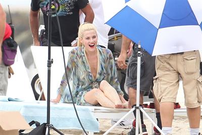 Rachael Taylor filming Charlie's Angels on a beach in Miami 02-09-11