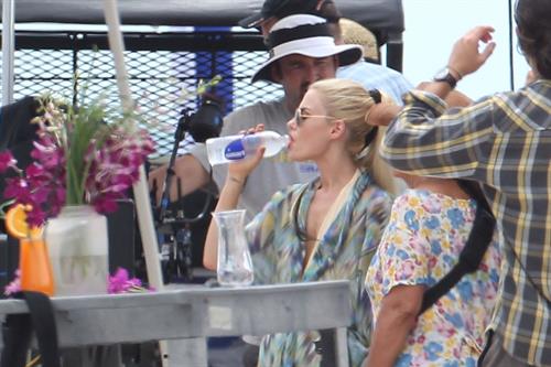 Rachael Taylor filming Charlie's Angels on a beach in Miami 02-09-11