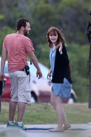 Emma Stone on the set of an untitled Woody Allen project in Newport July 28, 2014