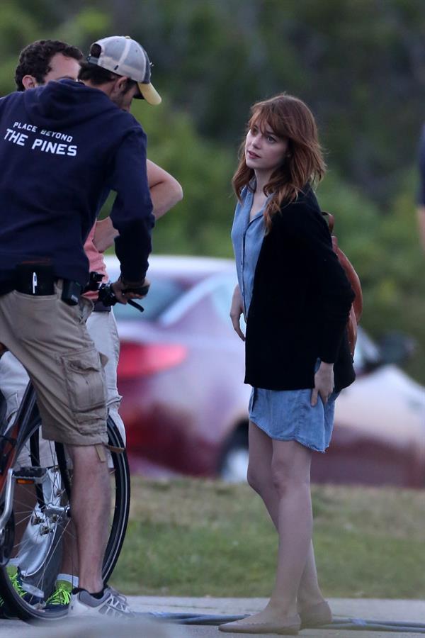 Emma Stone on the set of an untitled Woody Allen project in Newport July 28, 2014