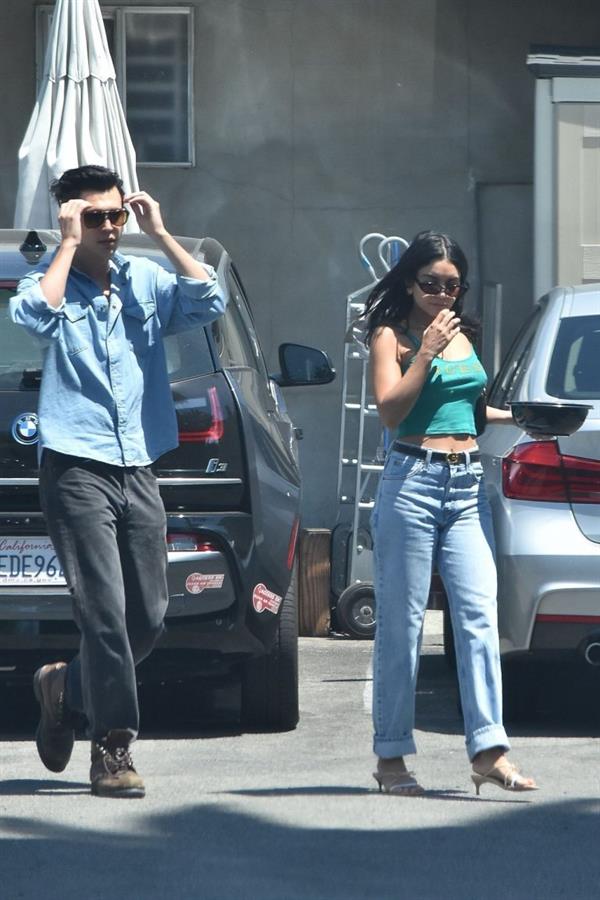 Vanessa Hudgens braless nipples pokies in a green top showing off her tits seen by paparazzi with Austin Butler.


















