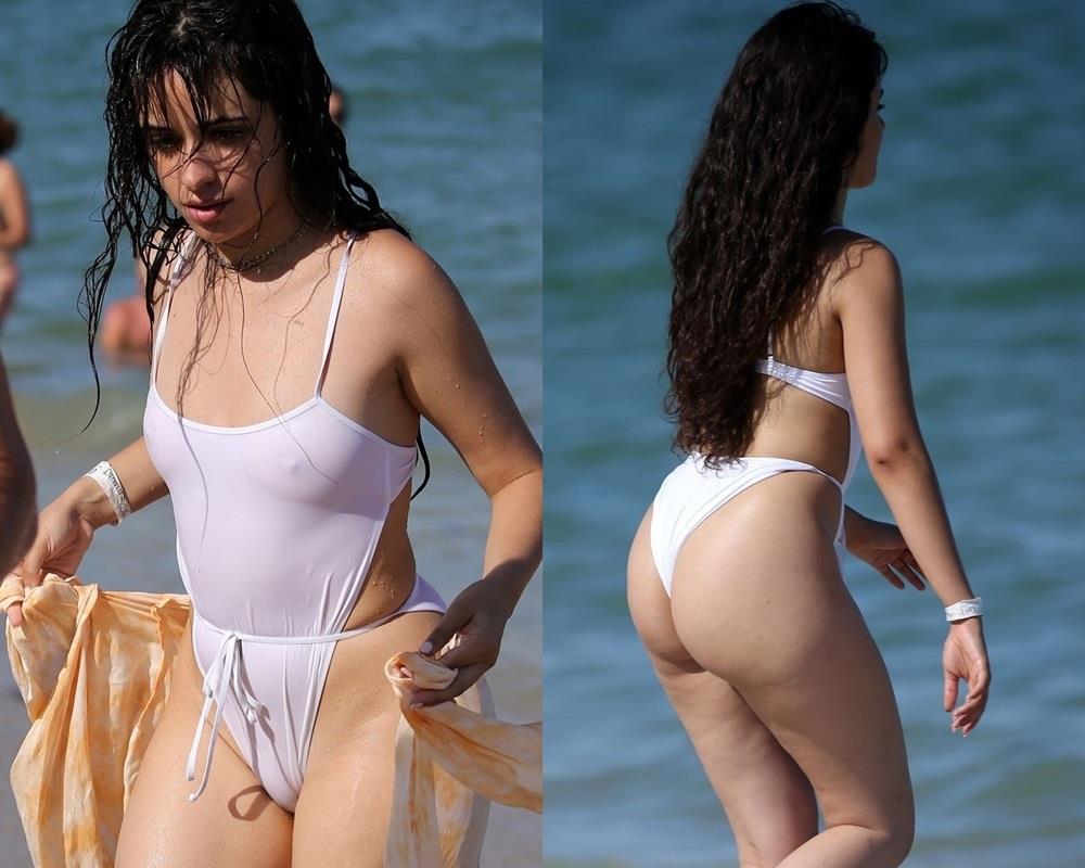 Camila Cabello sexy tits and ass in a wet white swimsuit showing her nipple...