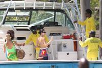 Hailey Bieber, Kendall Jenner and Justine Skye sexy bikini and swimsuit photos seen on a boat drinking for Hailey Bieber's bachelorette party.
