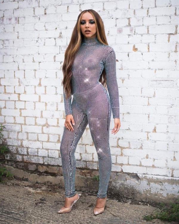 Jade Thirlwall braless boobs in a see through bodysuit showing off her tits and ass in thong panties.




