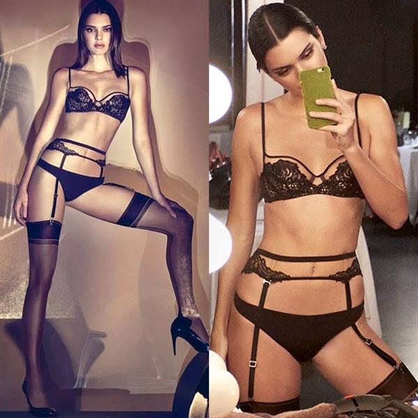 Kendall Jenner perfect model body in sexy lingerie wearing a black bra, panties, and stockings.