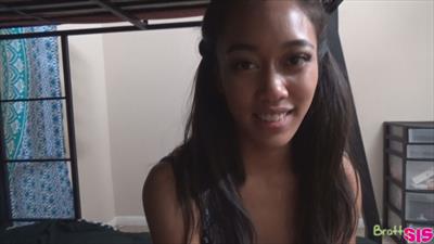 Short sassy Asian babe Aria Skye sucks her steprbothers stiffie then gets on her knees for a hardcore pussy pounding