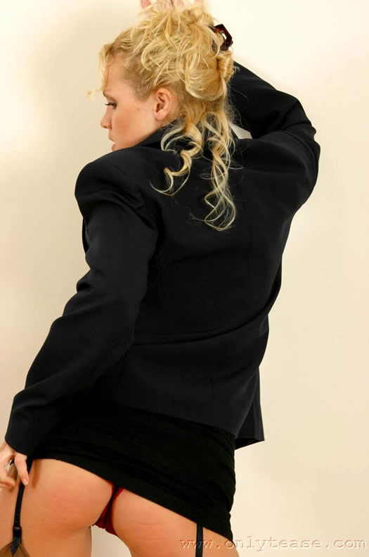  Buxom blonde secretary in tan stockings 