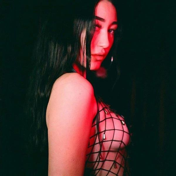 Noah Cyrus braless boobs in a completely see through mesh top showing off her big tits in a sexy new photo.